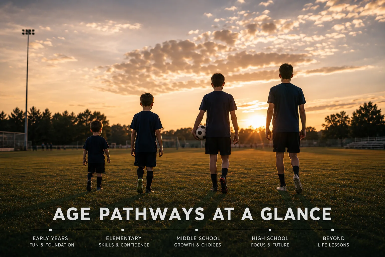 Age pathways at a glance: four silhouetted kids at sunset under stage labels — early stage, elementary, middle school, high school, beyond.