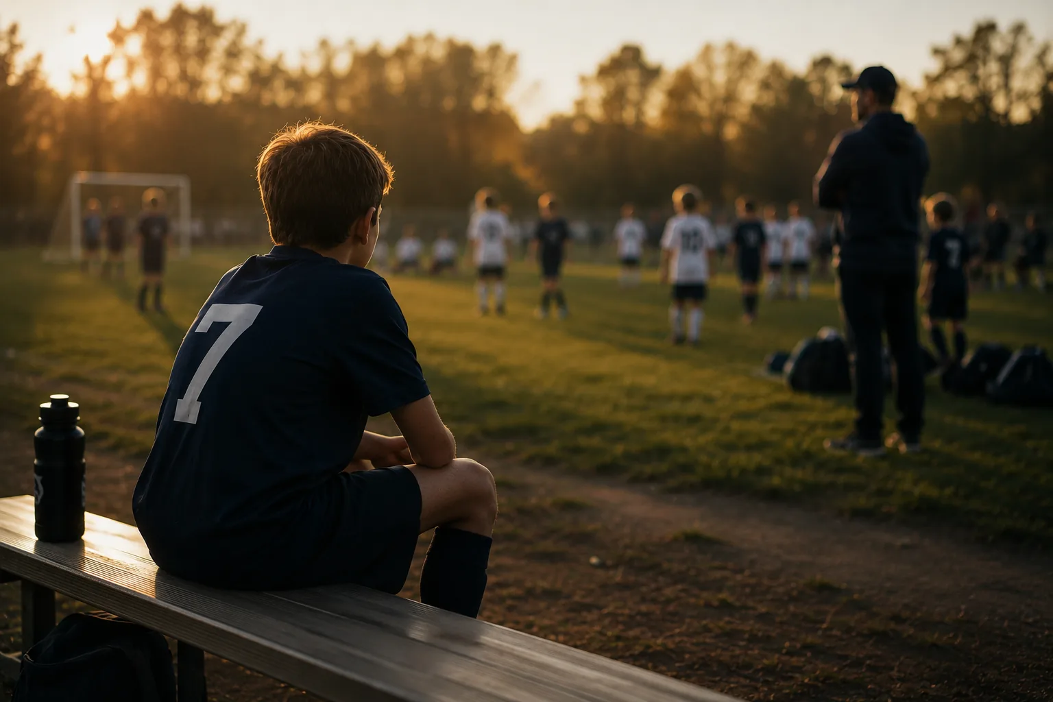 Backlit silhouettes of teenage athletes on a bench at sunset, one cleaning a glove, the others watching the field.
