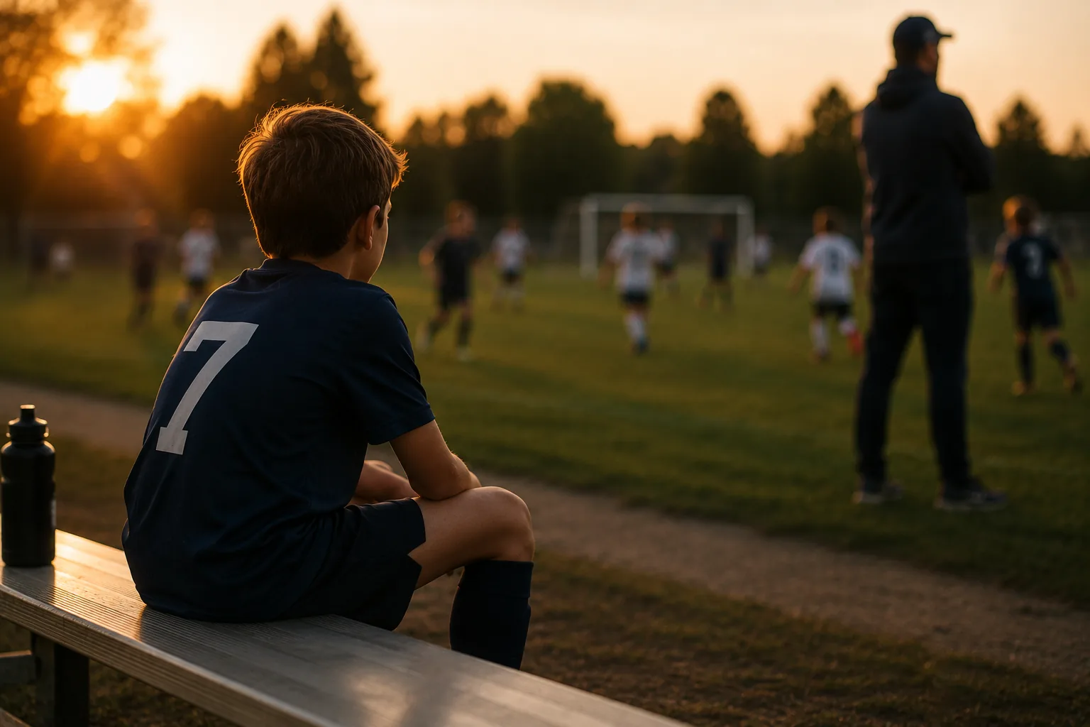 A high school athlete sitting on the team bench during a game, fully suited, watching teammates play.