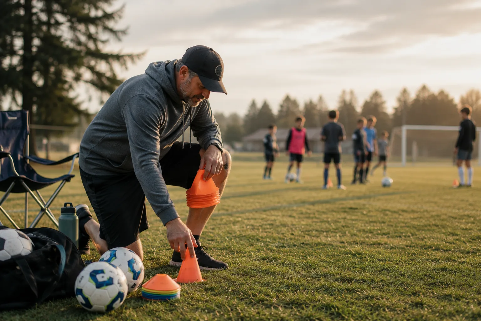 A coach kneeling on the field at golden hour, setting up orange cones for a drill.
