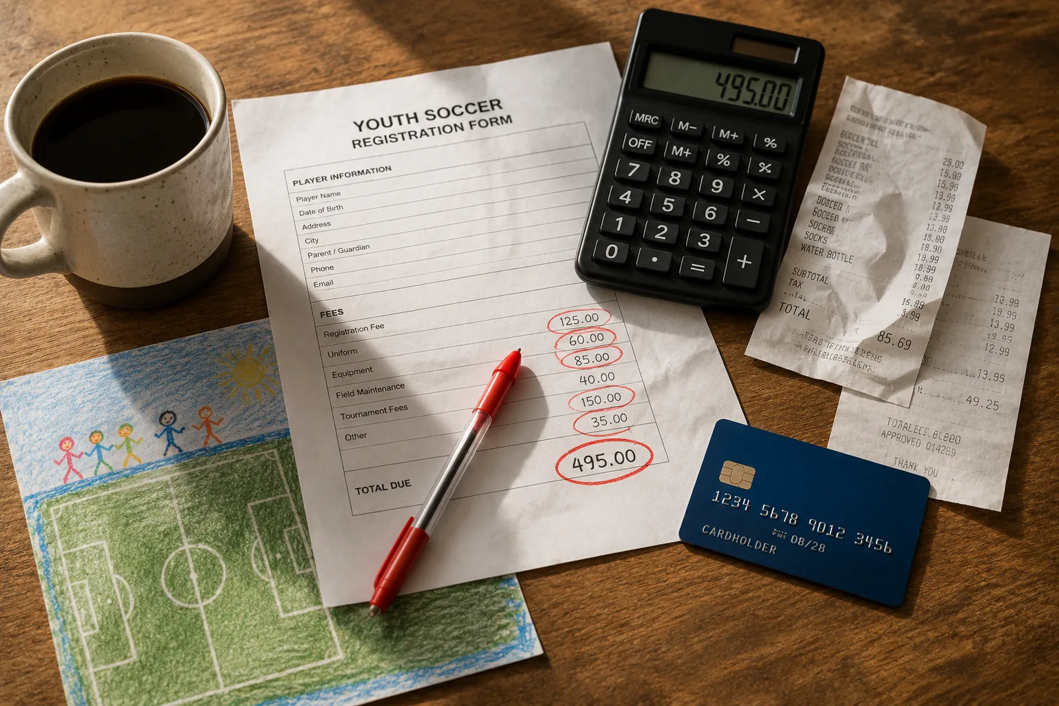 A registration form with red pen circles, a calculator, a coffee mug, and a credit card on a kitchen table.