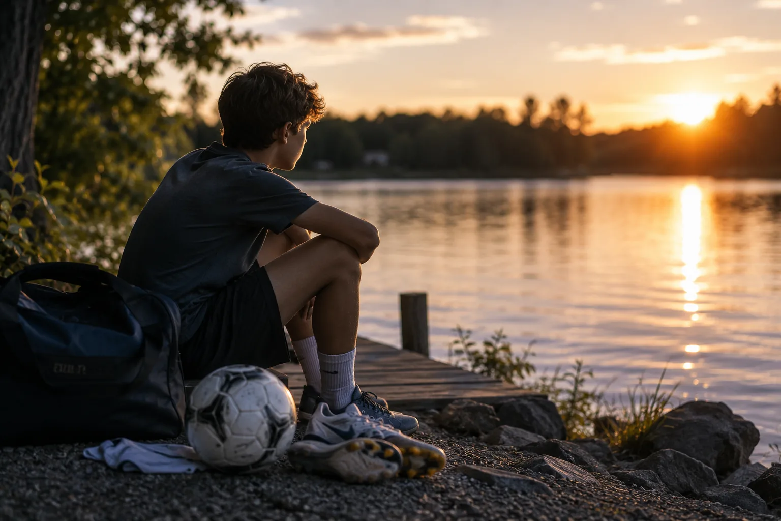 A parent and teenager sitting on a wooden dock at sunset, looking out at the water, talking quietly.