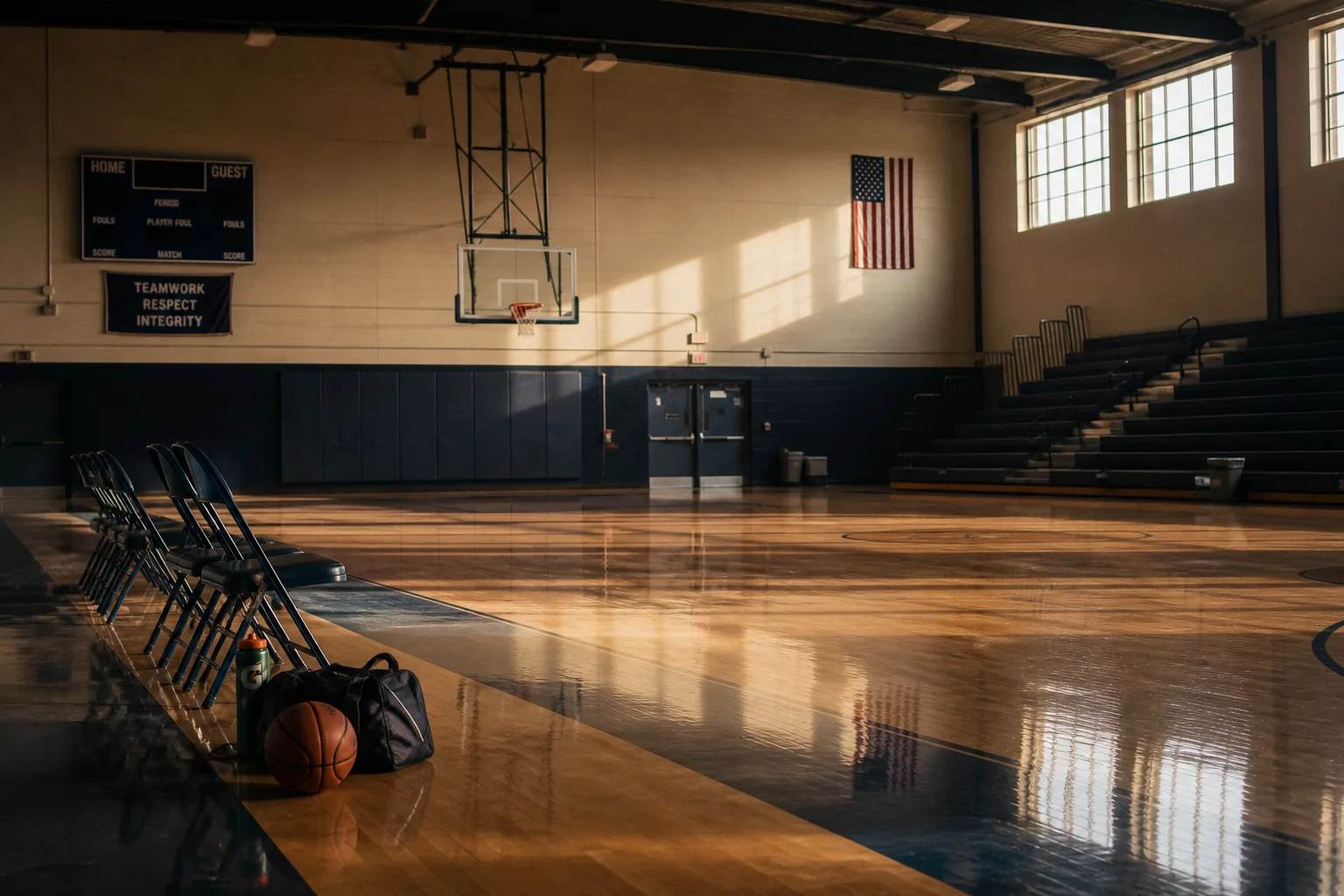 An empty high school gym in late afternoon light: basketball on the floor near the bench, Teamwork Respect Integrity banner on the wall.