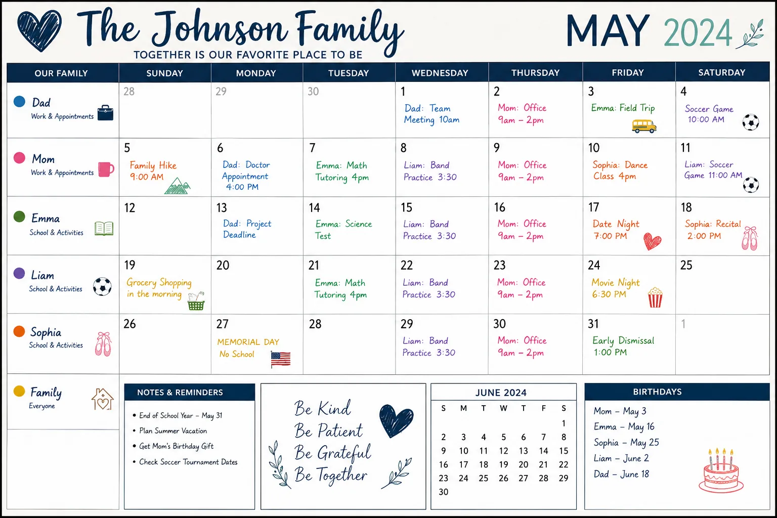 A hand-illustrated family wall calendar with color-coded kids, sports, and activities — a preview of the templates inside the field guide.