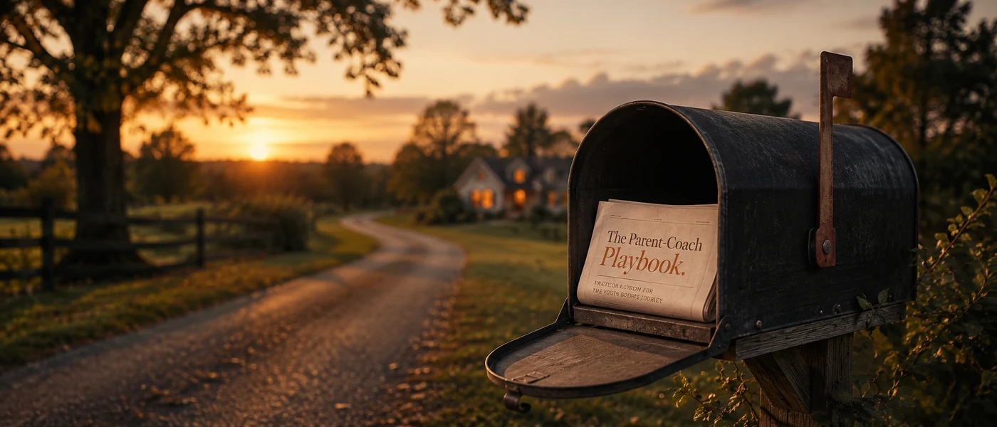 A rural mailbox at sunset with a folded copy of The Parent Coach Desk newspaper inside. A driveway leads to a small lit house in the distance.