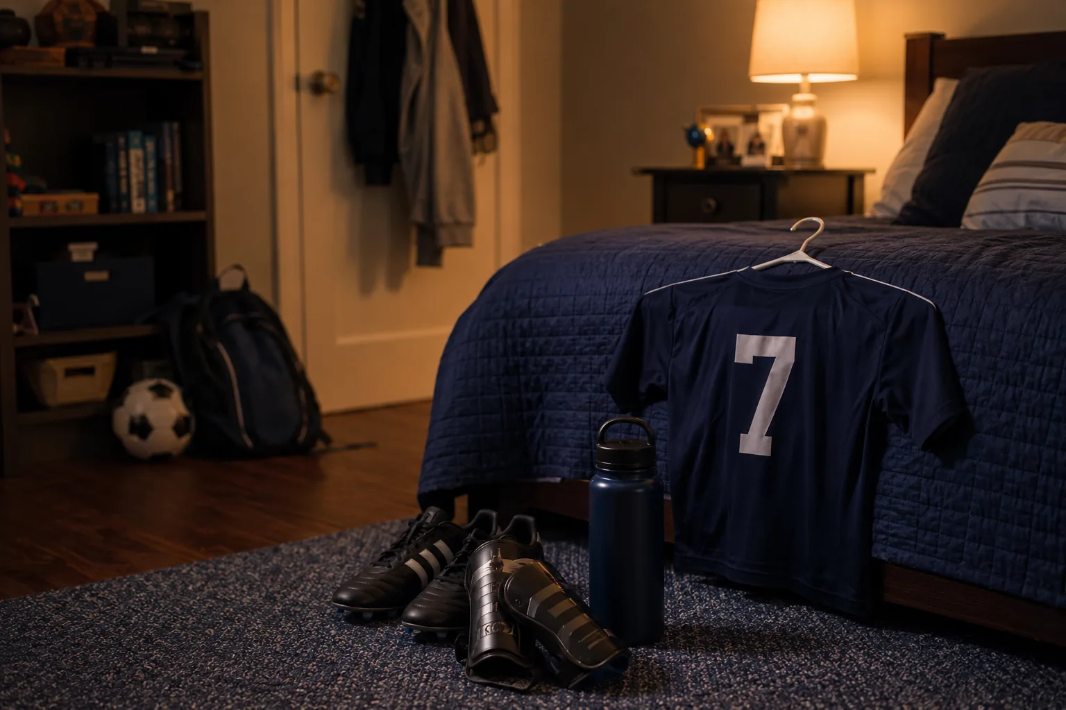A child's bedroom at night with a youth jersey laid out on the dresser, cleats by the door, and a glove on the bed.