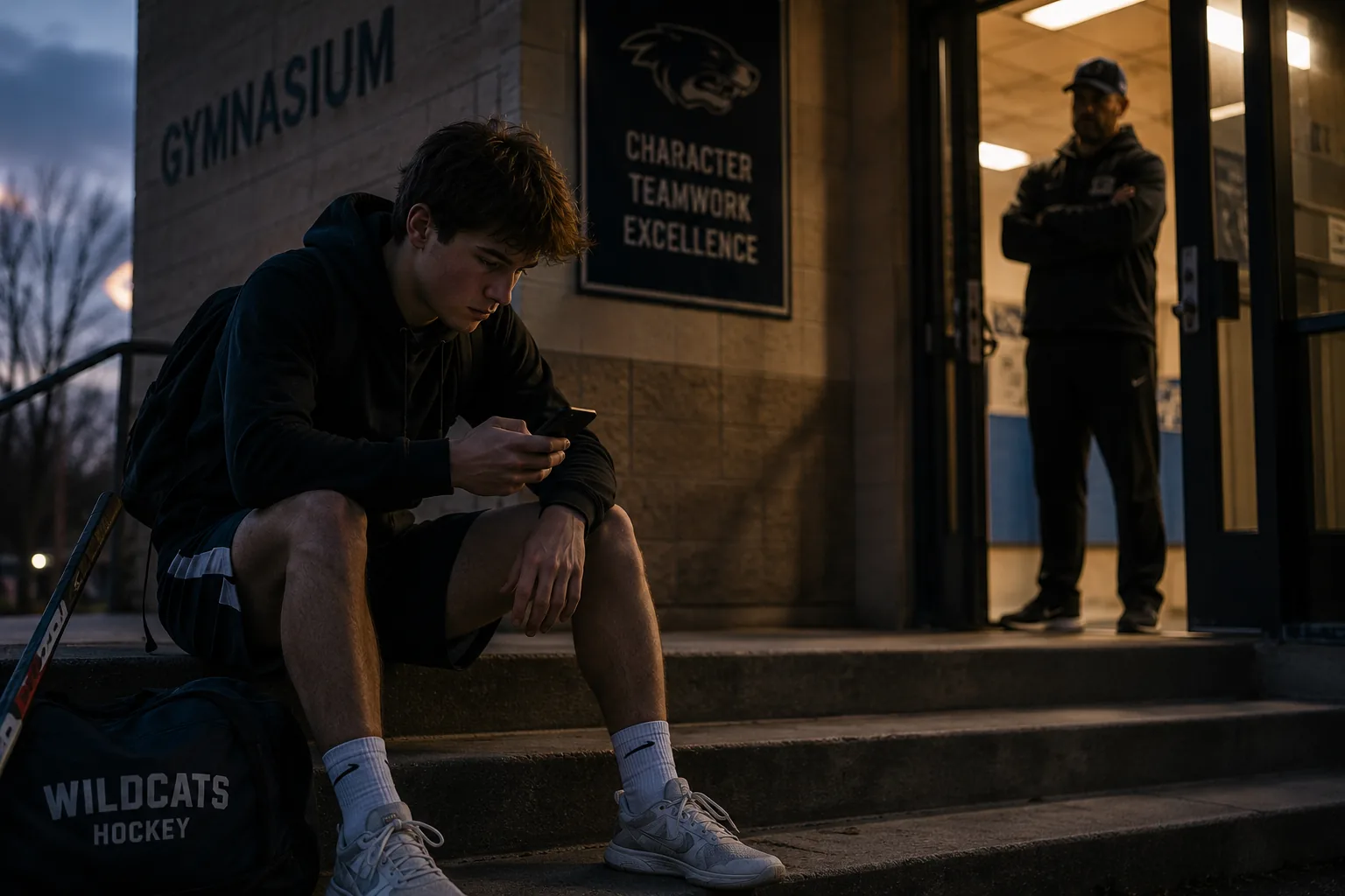 A parent standing outside a gym in early morning light, looking at their phone with a coffee cup in the other hand.