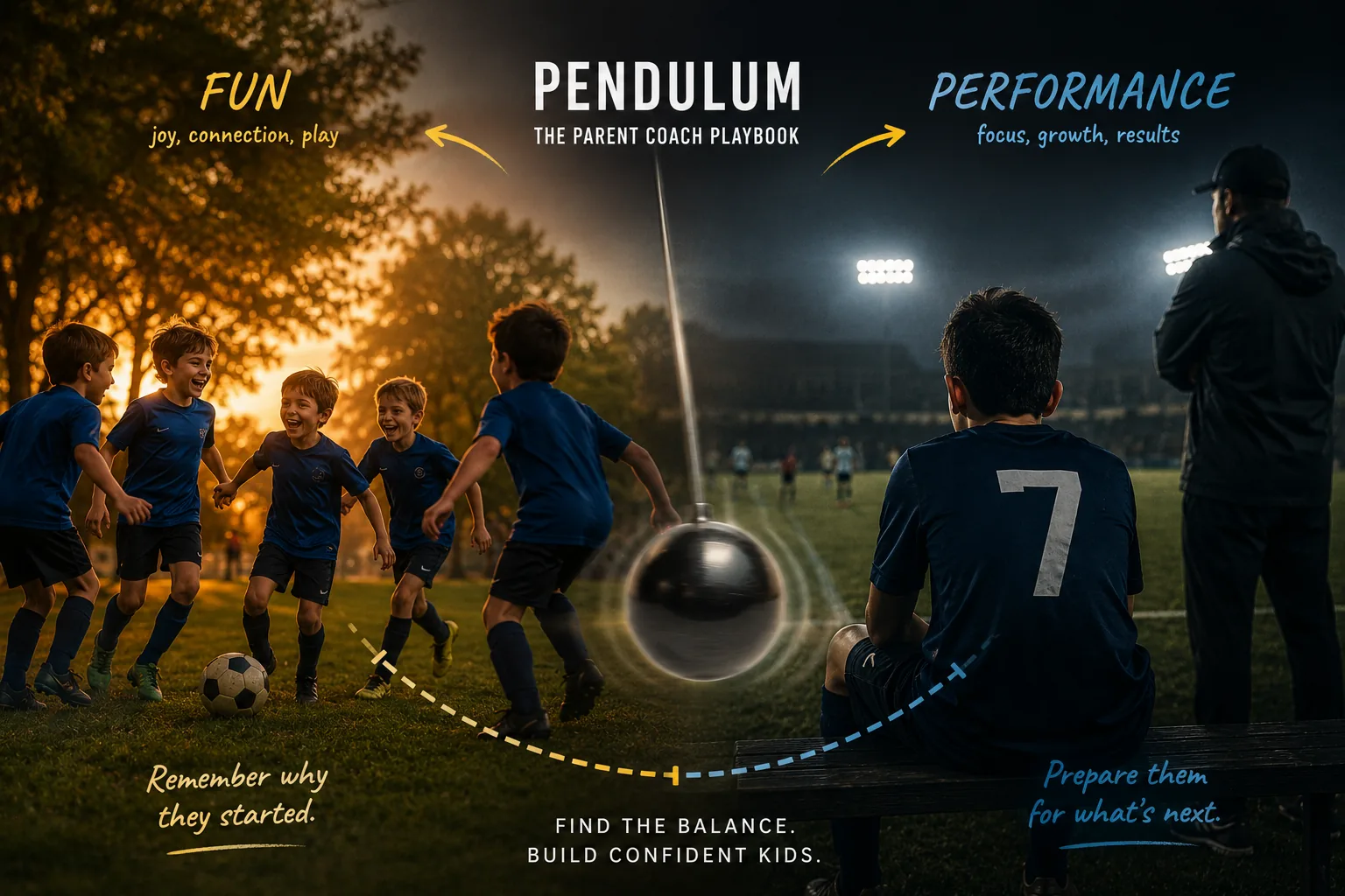 The Pendulum: Fun on one side, Performance on the other, kids playing soccer underneath.