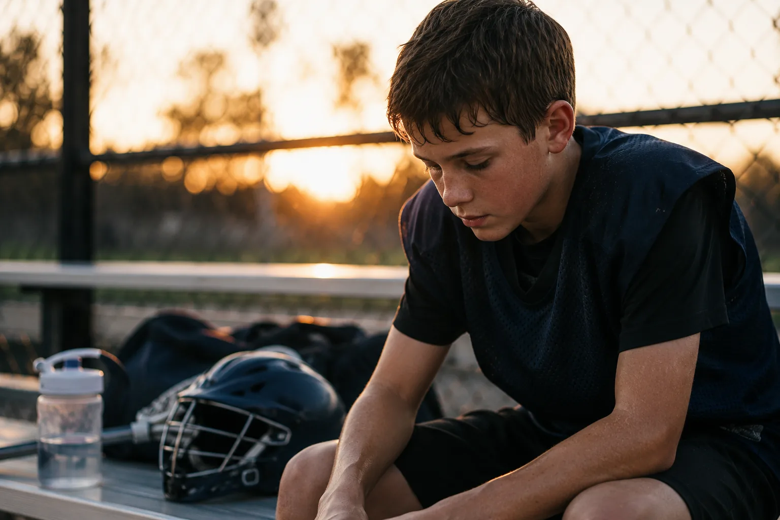 A parent and child sitting on the bench before a game, the parent leaning in, the child tying a cleat.