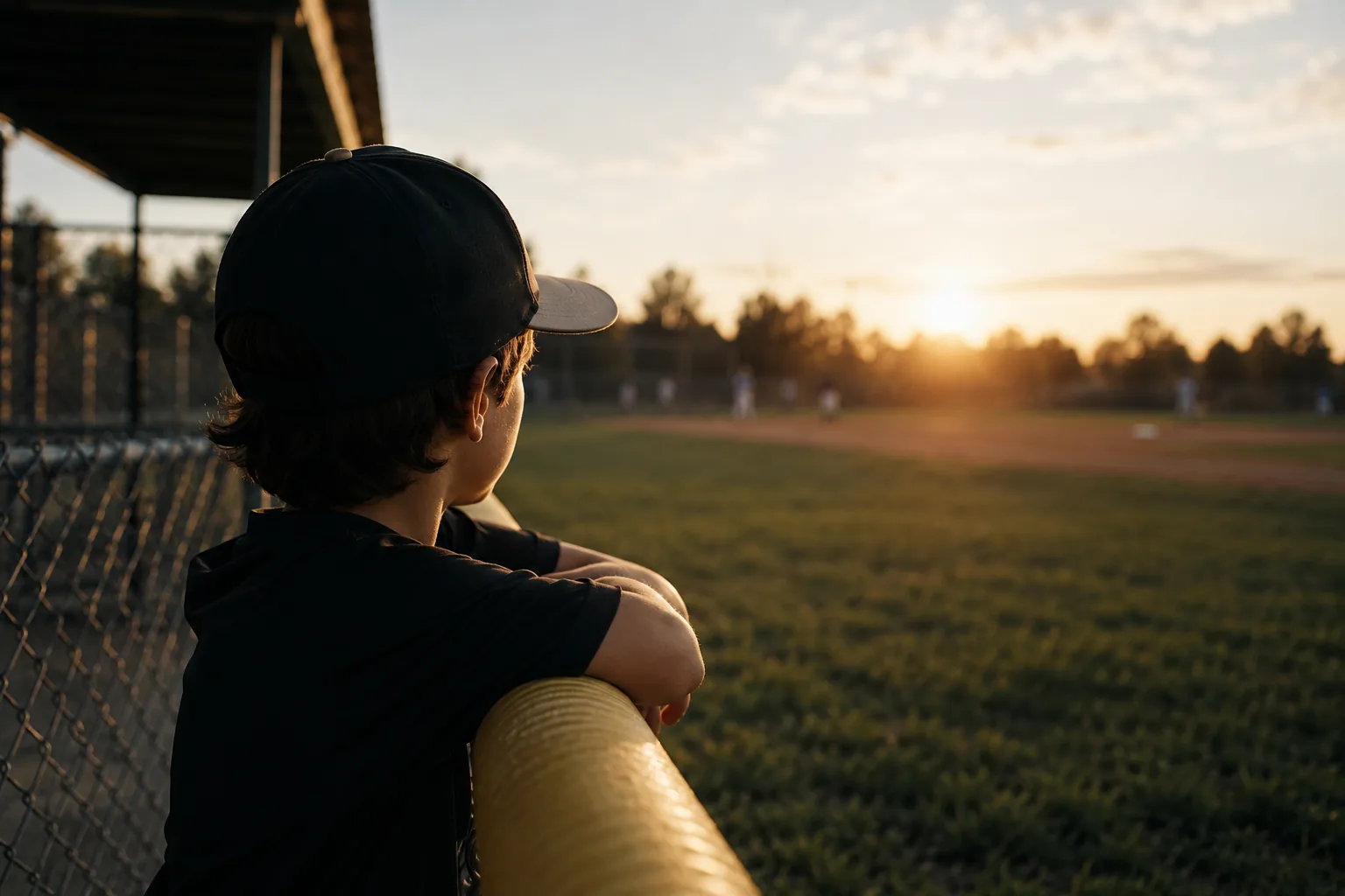 An empty dugout at sunset, a single bat leaning against the fence, the field beyond it lit in golden light.