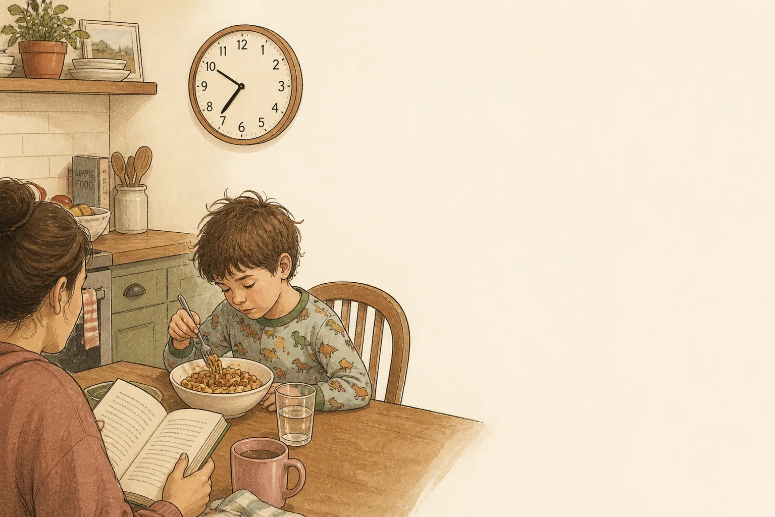 A six-year-old at kitchen table, hair damp from bath, eating small bowl of pasta in pajamas. Parent across table reading a book, not on phone. Clock on wall reads 7:50 PM.