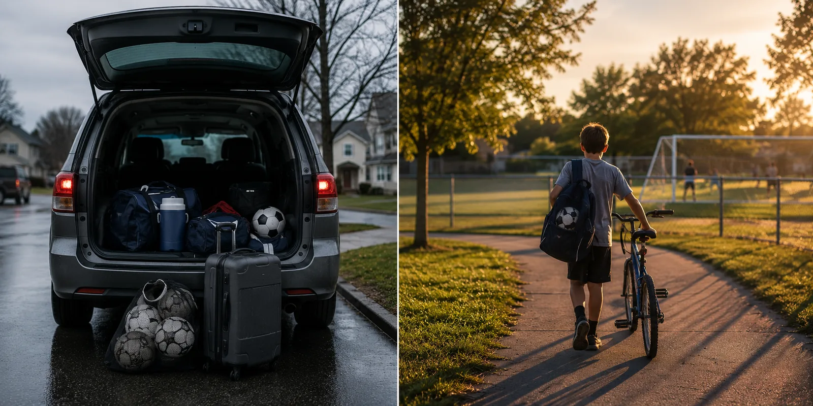 A two-panel comparison: on the left, a rec field with a single chair and cooler; on the right, a hotel parking lot full of team SUVs at a tournament weekend.