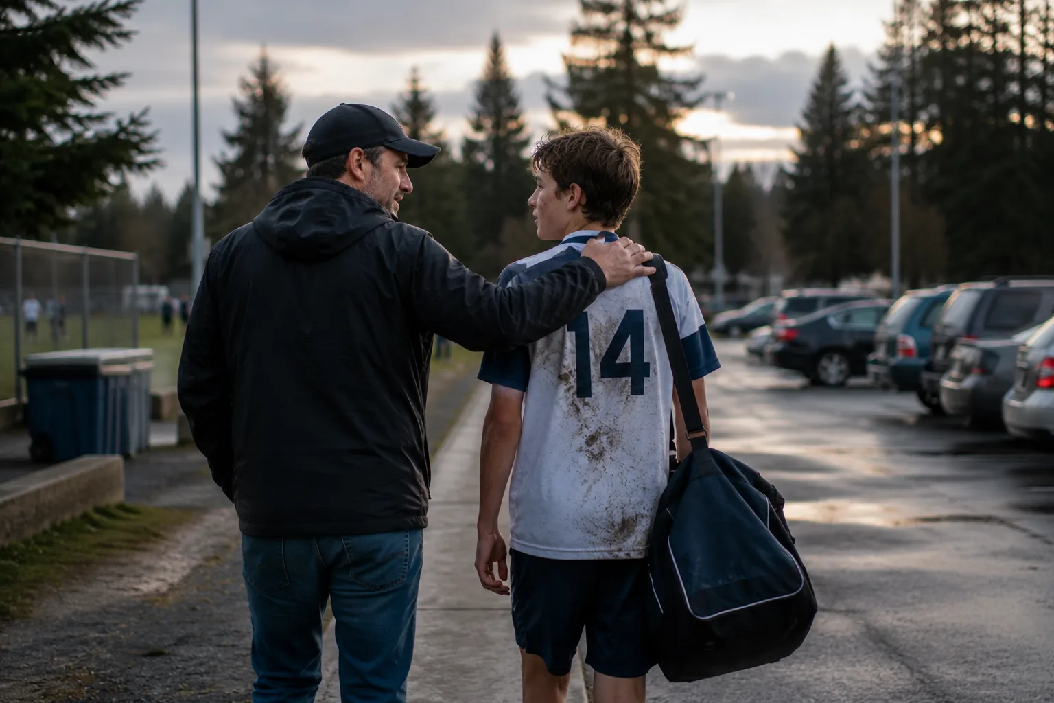 A dad and son walking together through the parking lot toward the field at twilight.